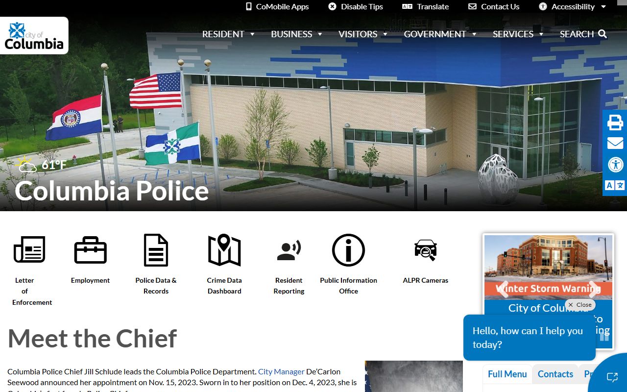 Columbia Police Department website with public records and arrest information
