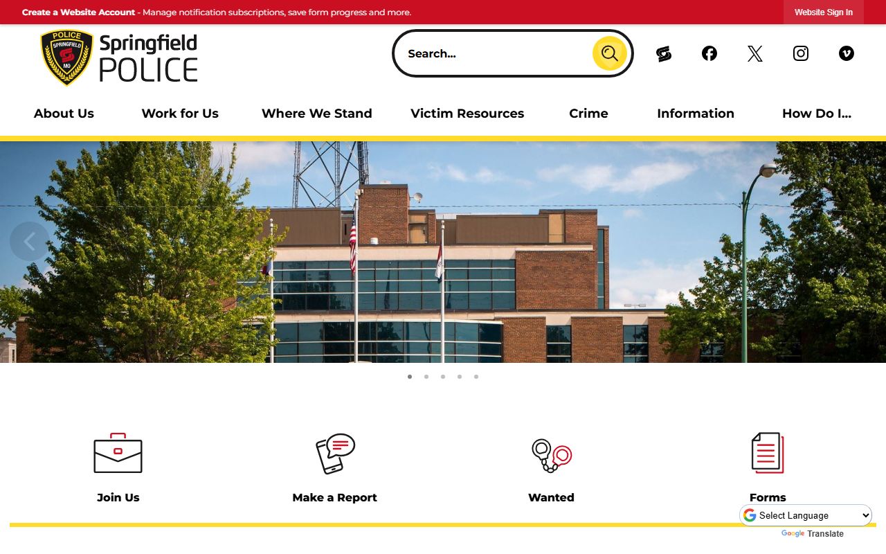 Springfield Police Department website showing public records and arrest information resources
