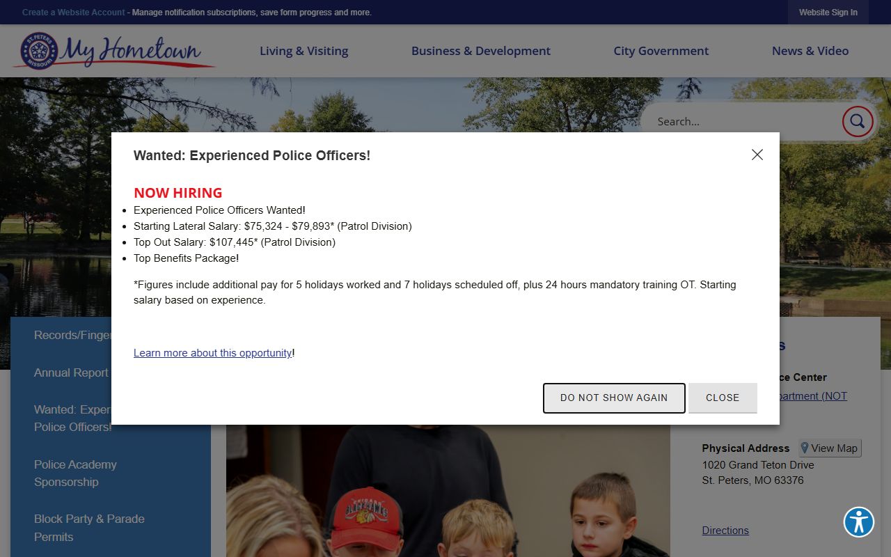 St. Peters Police Department website showing public records access and arrest information
