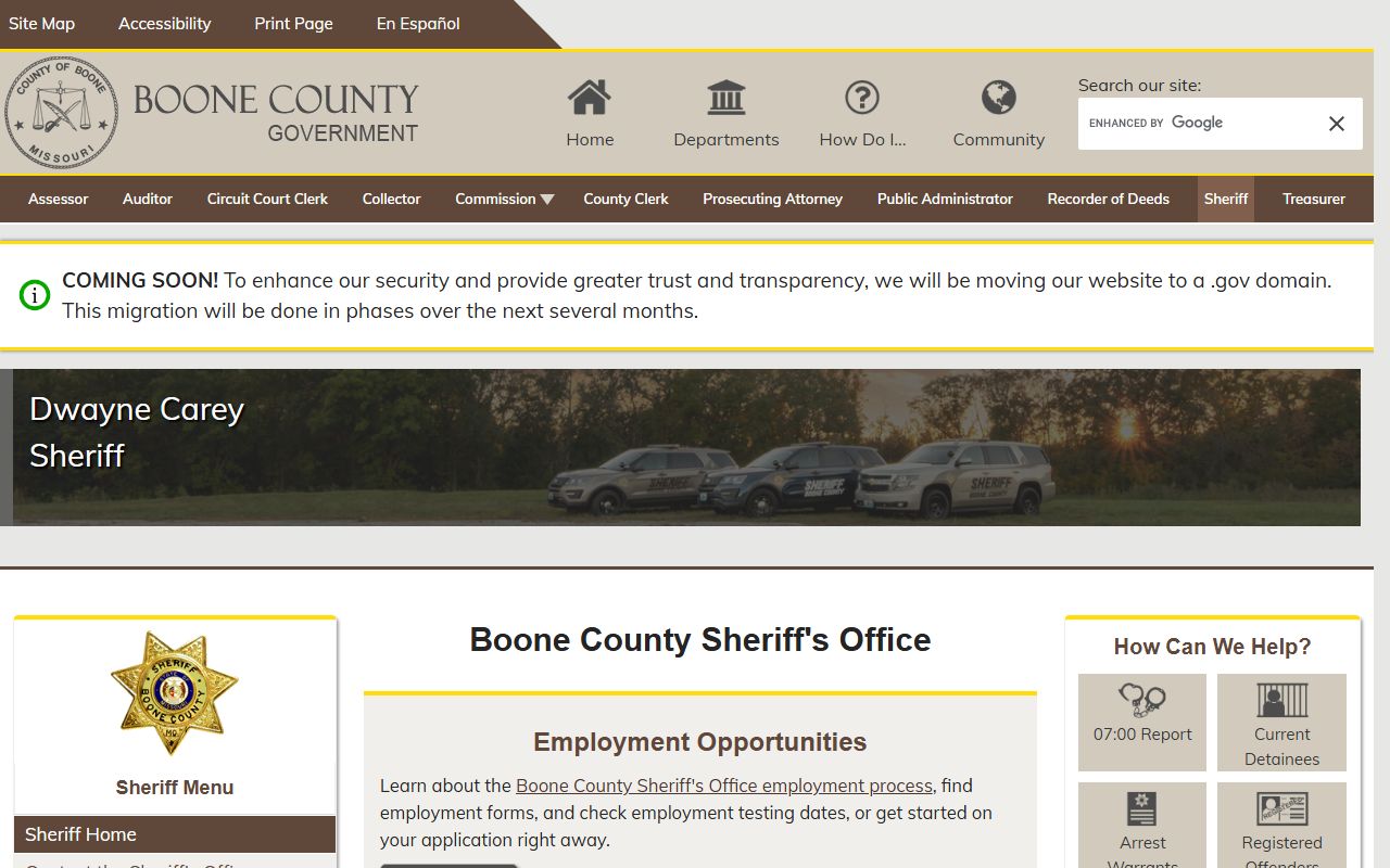 Boone County Sheriff's Office website with inmate roster and arrest records