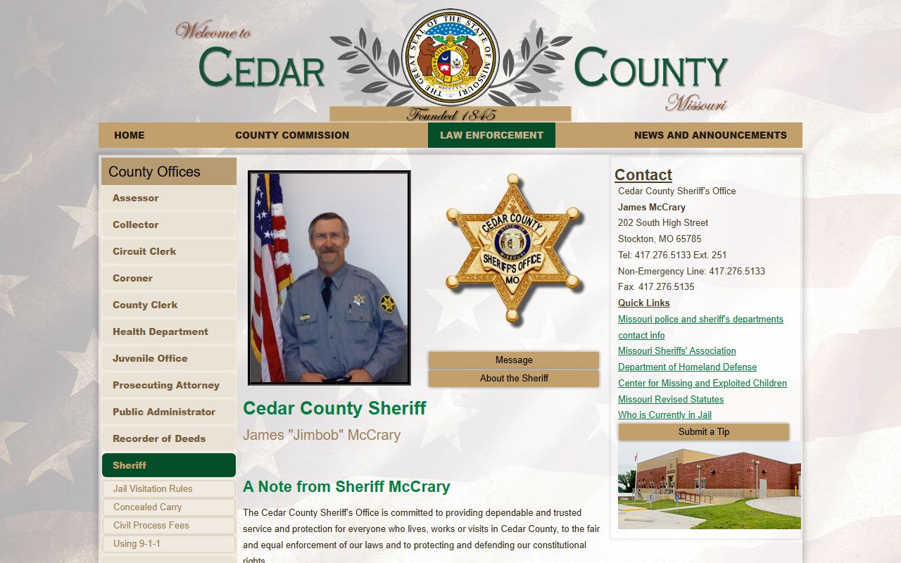 Cedar County Sheriff arrest records page for Cedar County Missouri