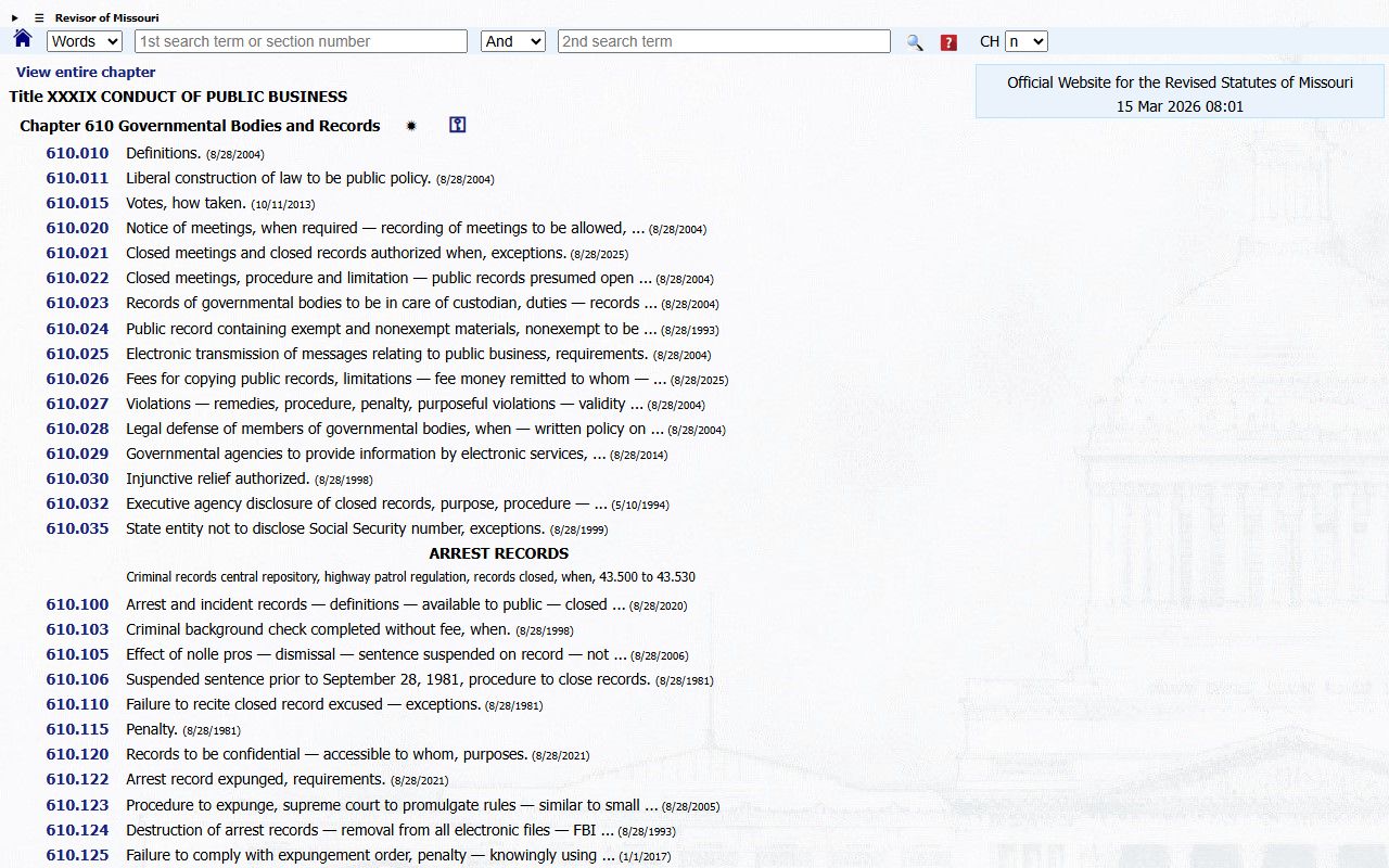 Missouri Revised Statutes Chapter 610 arrest records provisions