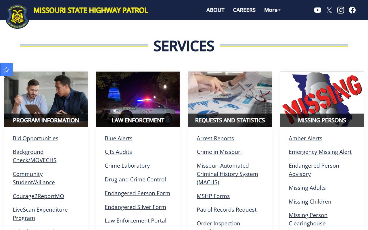Missouri State Highway Patrol arrest records services page